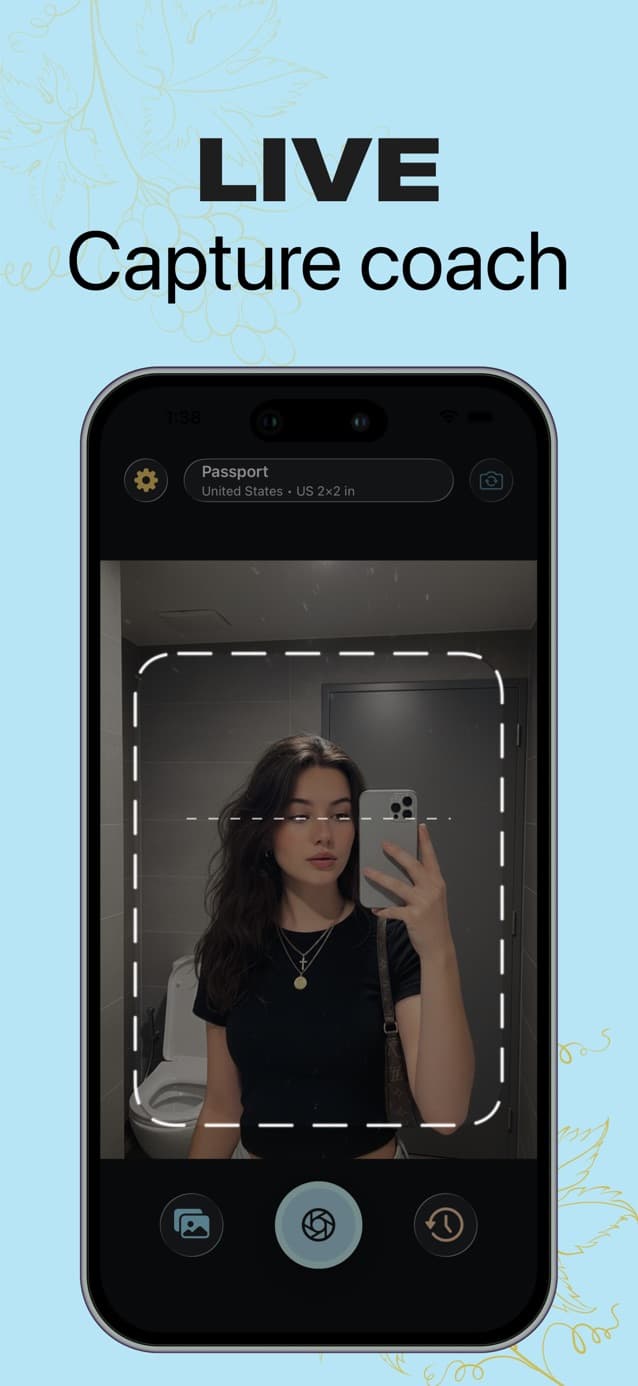 Passport Booth live capture coach with face and eye-line guides