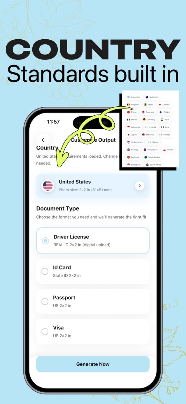 Passport Booth country and document selection screen